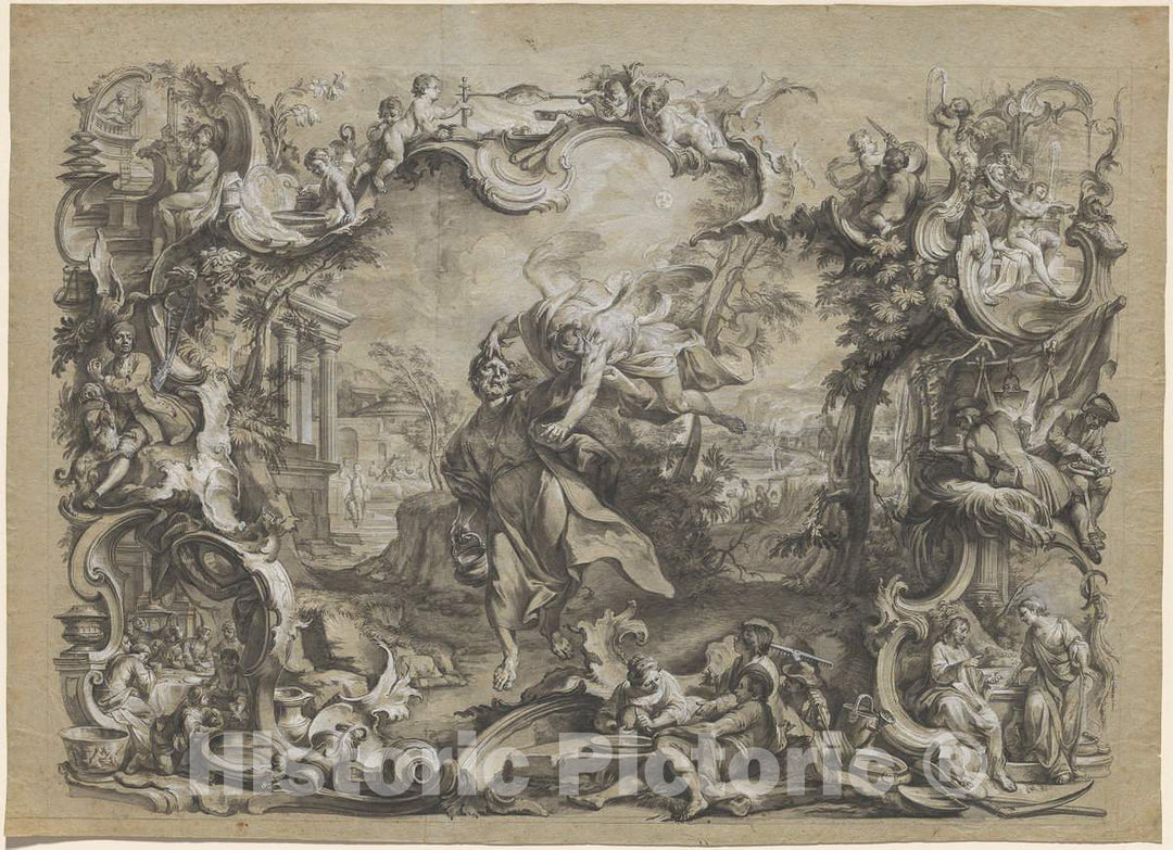 Art Print : Johann Wolfgang Baumgartner, The Angel Carrying Off Habakkuk by His Hair, Surrounded by an Elaborate Rococo Frame, c. 1750 - Vintage Wall Art