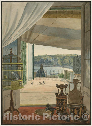 Art Print : Carl Wilhelm GÃ¶tzloff, Antiquities by a Balcony Overlooking The Gulf of Naples, 1826 - Vintage Wall Art