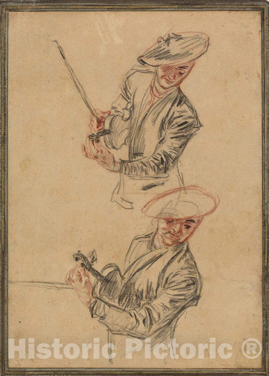 Art Print : Antoine Watteau, Two Studies of a Violinist Tuning His Instrument, c.1718 - Vintage Wall Art
