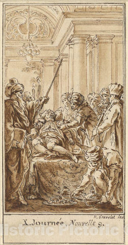Art Print : Hubert FranÃ§ois Gravelot, Tenth Day, Ninth Story: Saladin Bestows Rich Gifts on The Sleeping Torello, c. 1757 - Vintage Wall Art