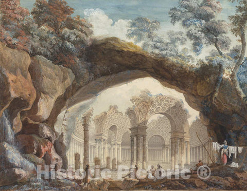 Art Print : Adrien PÃ¢ris, Architectural Fantasy: Ruins of a Circular Temple Seen Through a Natural Arch, c. 1785 - Vintage Wall Art