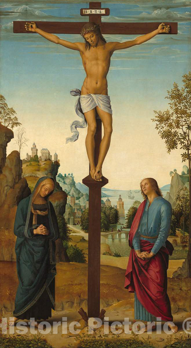 Art Print : Pietro Perugino, The Crucifixion with The Virgin, Saint John, Saint Jerome, and Saint Mary Magdalene [Middle Panel], c.1484 - Vintage Wall Art