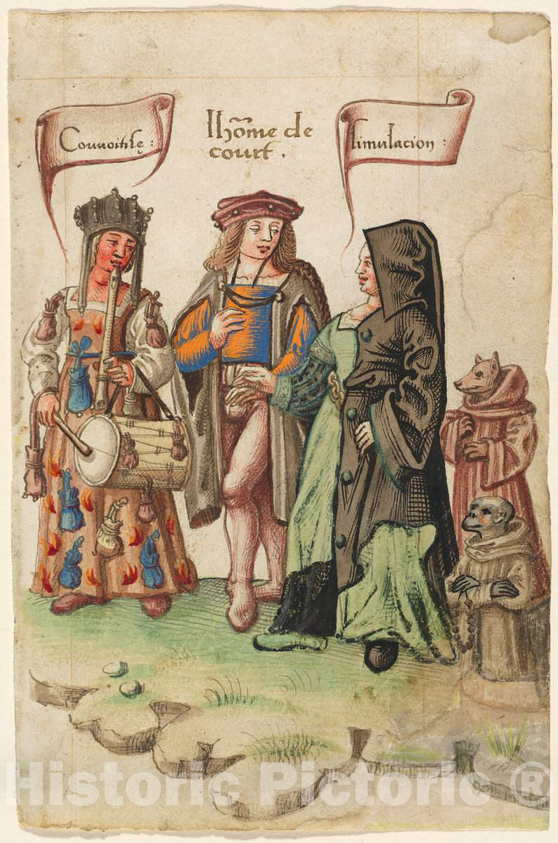 Art Print : A Courtier Standing Between Covetousness and Dissimulation [FOL. 14 Recto], c.1513 - Vintage Wall Art
