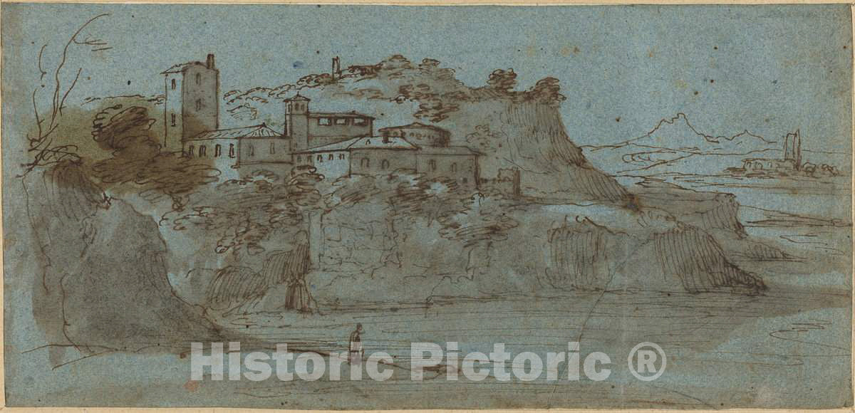 Art Print : Village ATOP a River Cliff [Recto] - Vintage Wall Art