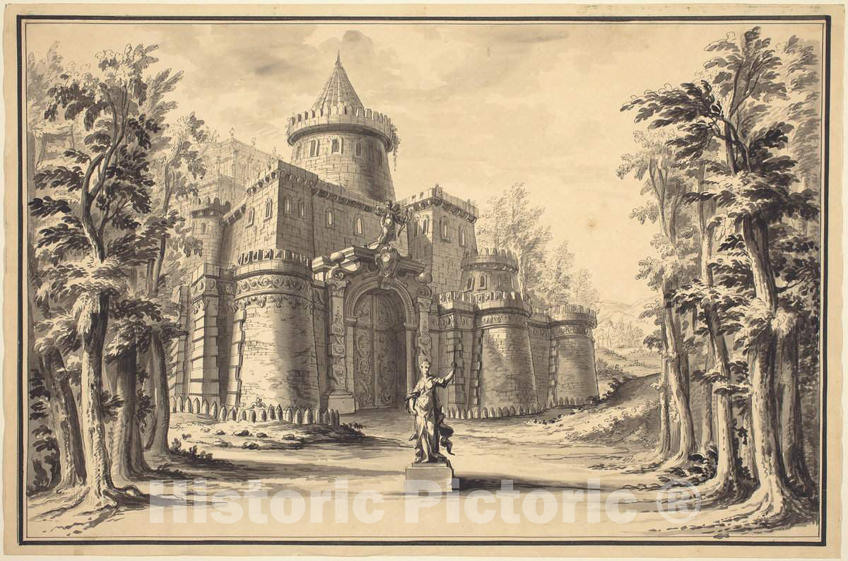 Art Print : A Stage Set with a Statue and a Palace - Vintage Wall Art