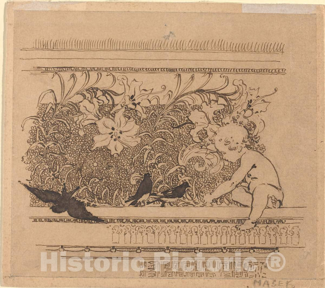 Art Print : Karel Vitezslav Masek, Ornamental Design with Birds and Lily, c.1900 - Vintage Wall Art