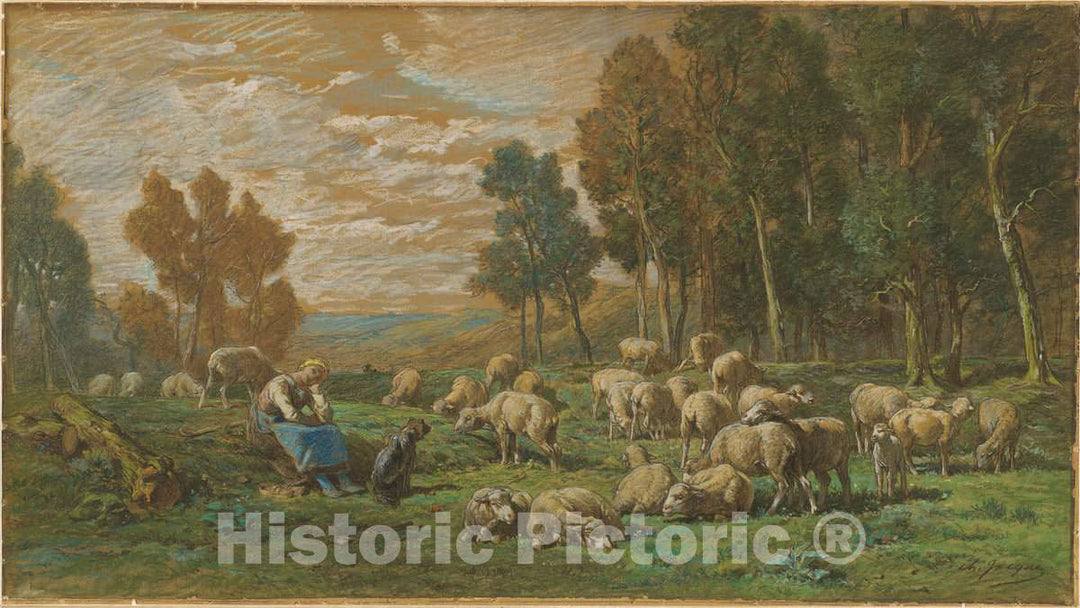 Art Print : Charles Ã‰mile Jacque, The Shepherdess, c. 1869 - Vintage Wall Art