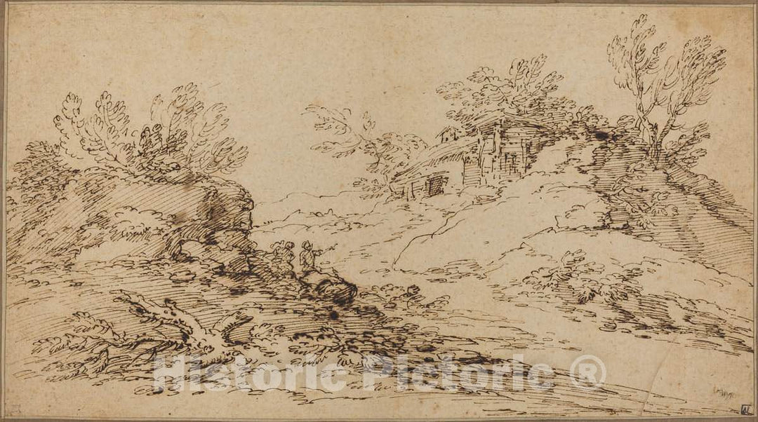 Art Print : Salvator Rosa, Rocky Landscape with a Rustic House - Vintage Wall Art