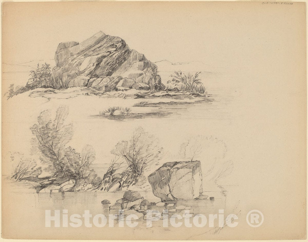Art Print : John William Casilear, Rocks Along a Lakeshore [Recto] - Vintage Wall Art