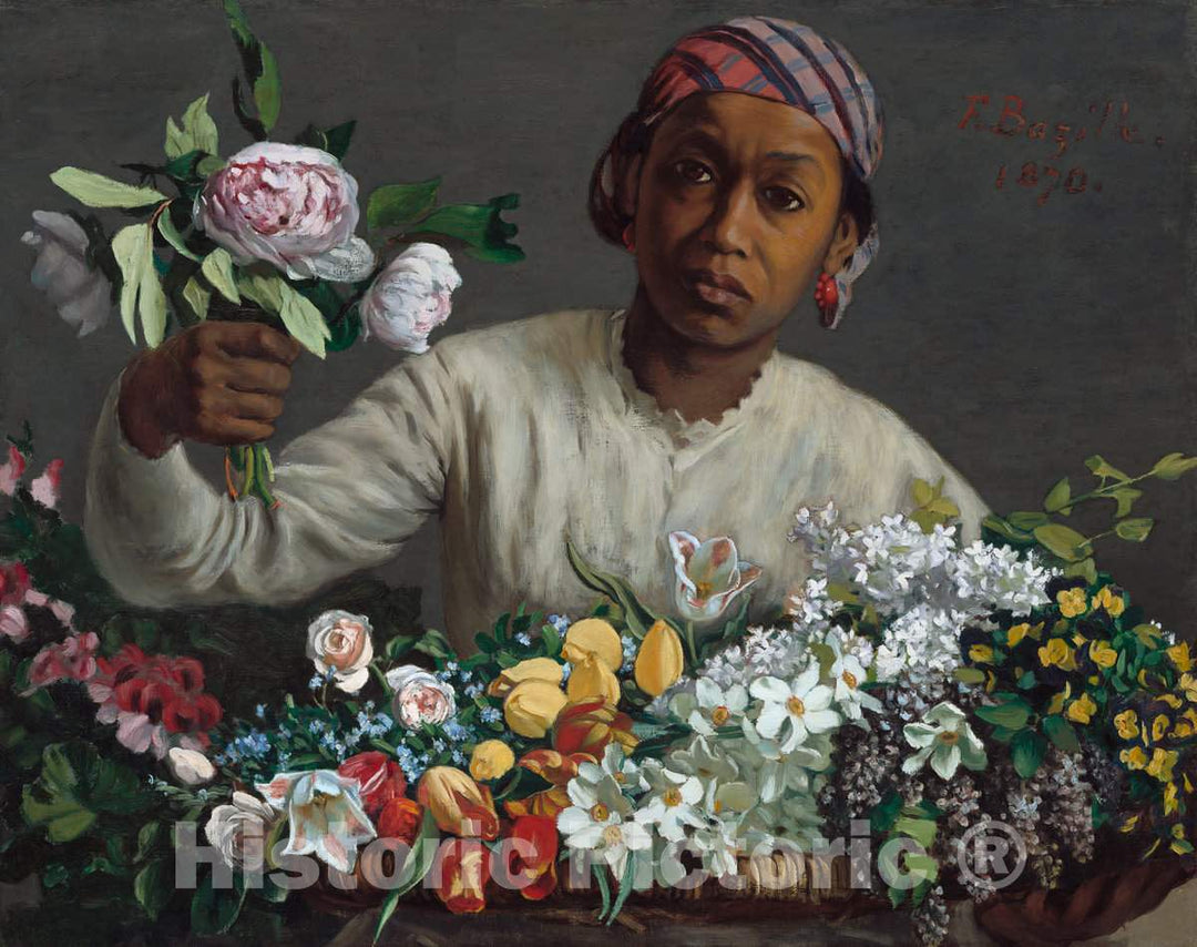 Art Print : FrÃ©dÃ©ric Bazille, Young Woman with Peonies, 1870 - Vintage Wall Art