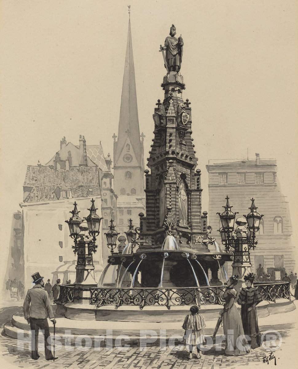 Art Print : Fritz Stoltenberg, Brunnen am Fischmarkt, 1893 - Vintage Wall Art