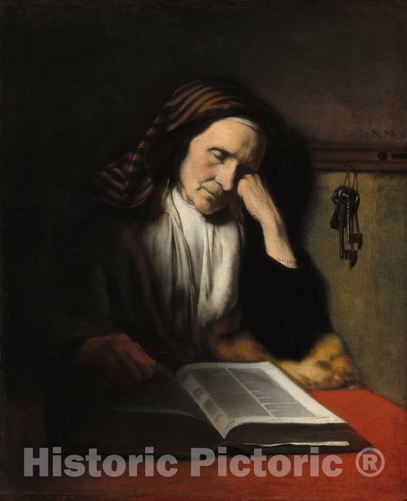 Art Print : Nicolaes Maes, an Old Woman Dozing Over a Book, c. 1655 - Vintage Wall Art