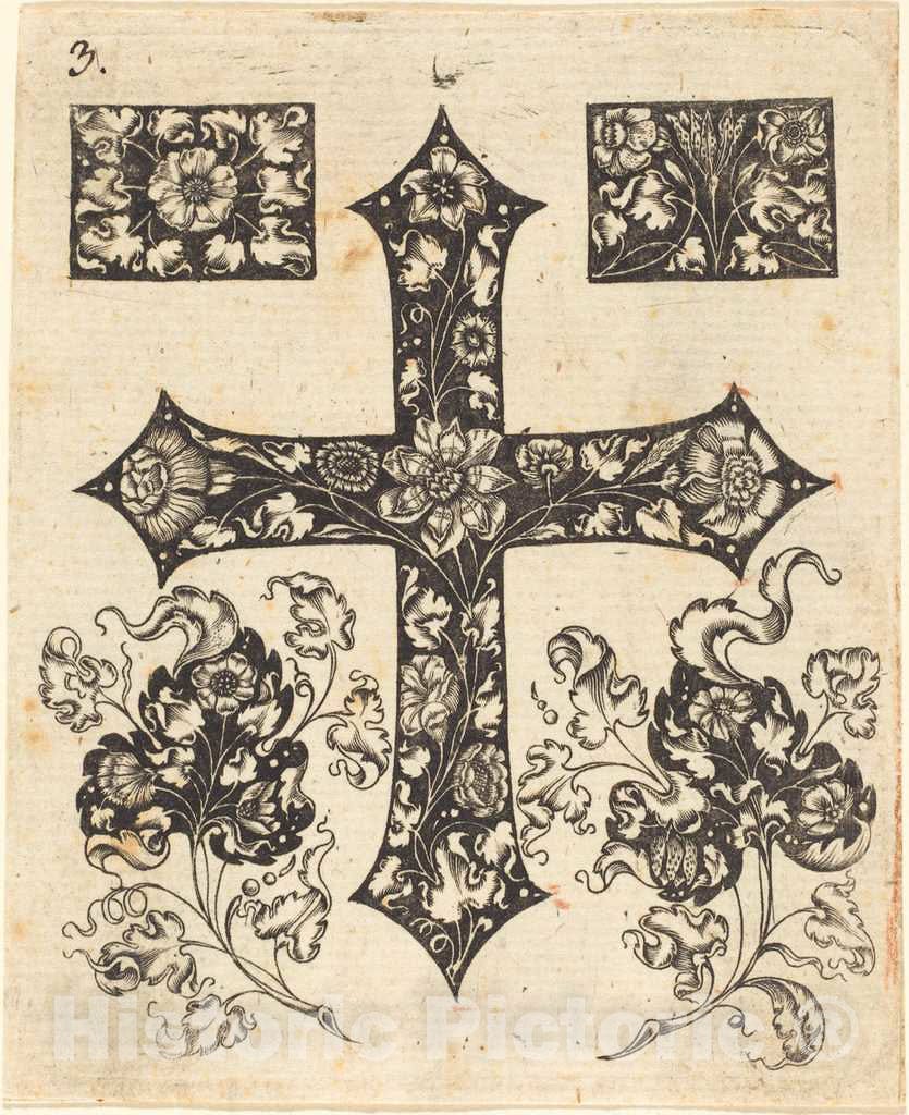 Art Print : Johannes Hanias, Cross Embellished with Flowers - Vintage Wall Art
