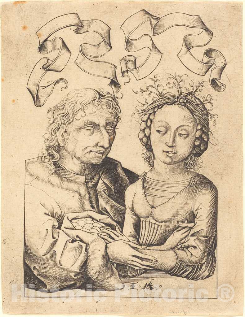 Art Print : Meckenem After Master of The Housebook, The Foolish Old Man and The Young Girl, c.1485 - Vintage Wall Art