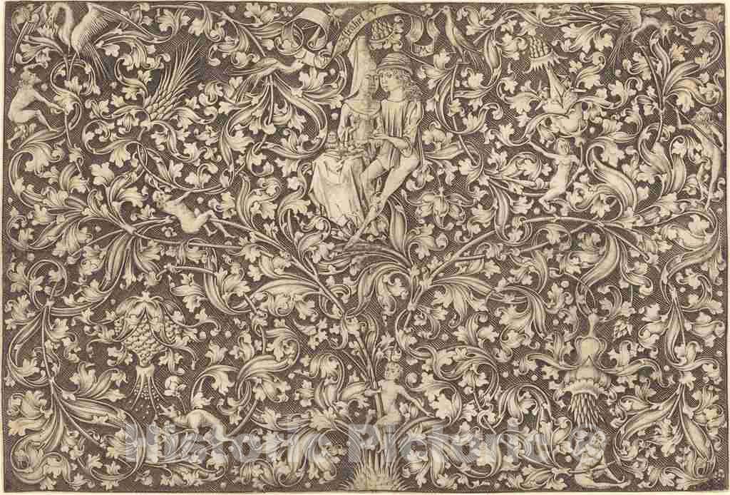 Art Print : Israhel Van Meckenem, Ornament Panel with Two Lovers, c.1495 - Vintage Wall Art