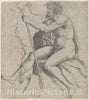 Art Print : Giovanni Antonio da Brescia, Man Seated Holding a Forked Staff, c.1515 - Vintage Wall Art