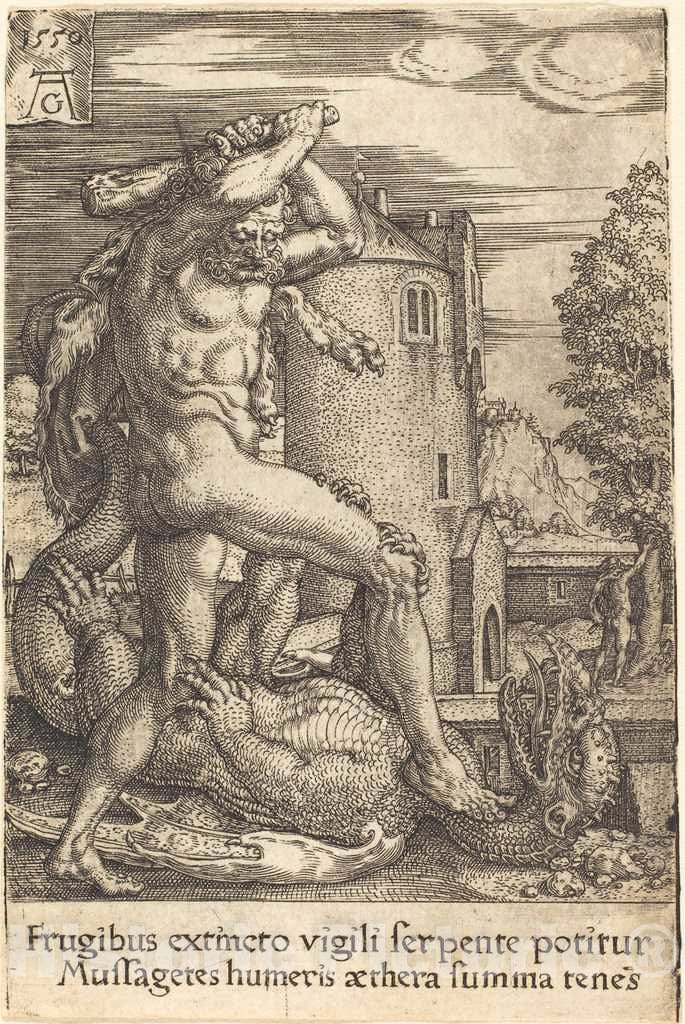 Art Print : Aldegrever, Hercules Slaying The Dragon, 1550 - Vintage Wall Art