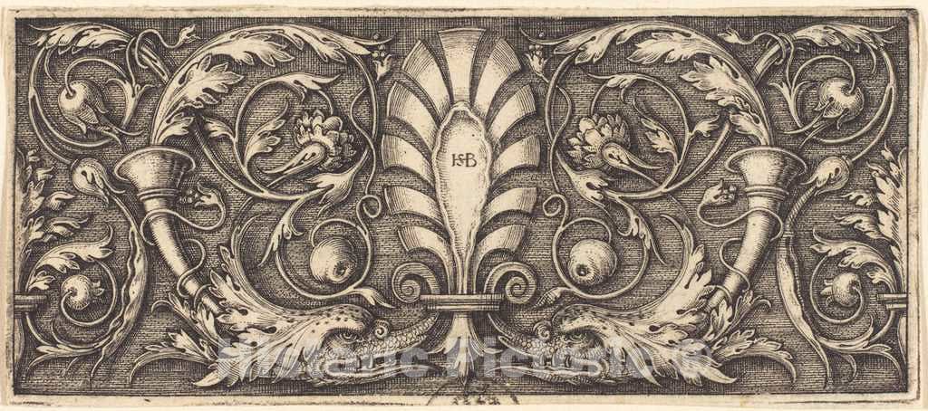Art Print : Sebald Beham, Ornament with Two Grotesque Dolphins, in or Before 1531 - Vintage Wall Art