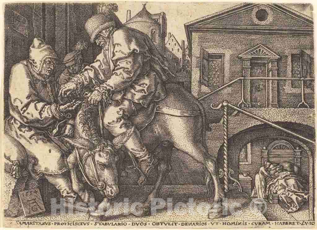 Art Print : Aldegrever, The Good Samaritan Paying for The Lodgings of The Traveler, 1554 - Vintage Wall Art
