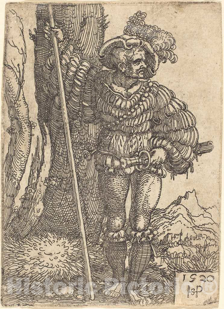 Art Print : Sebald Beham, Foot Soldier Standing by a Tree, 1520 - Vintage Wall Art