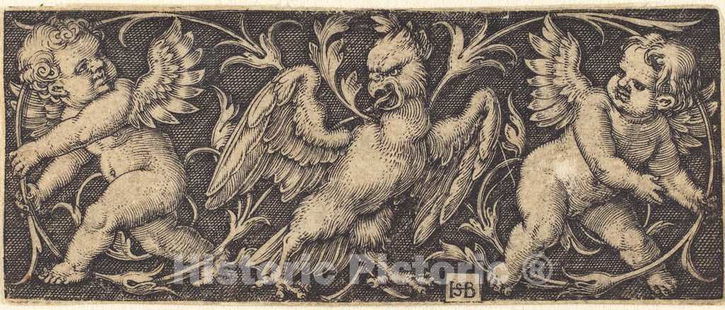 Art Print : Sebald Beham, Ornament with Eagle and Two Genii, 1544 - Vintage Wall Art