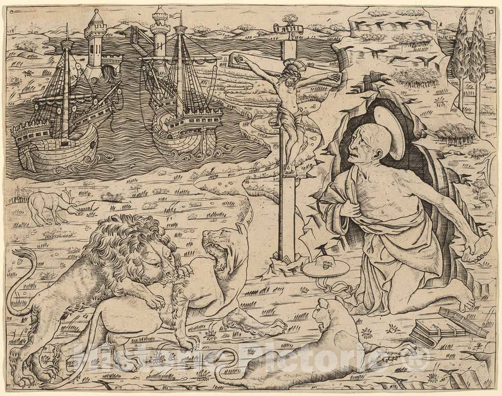 Art Print : Saint Jerome in Penitence, with Two Ships in a Harbor, c.1490 - Vintage Wall Art