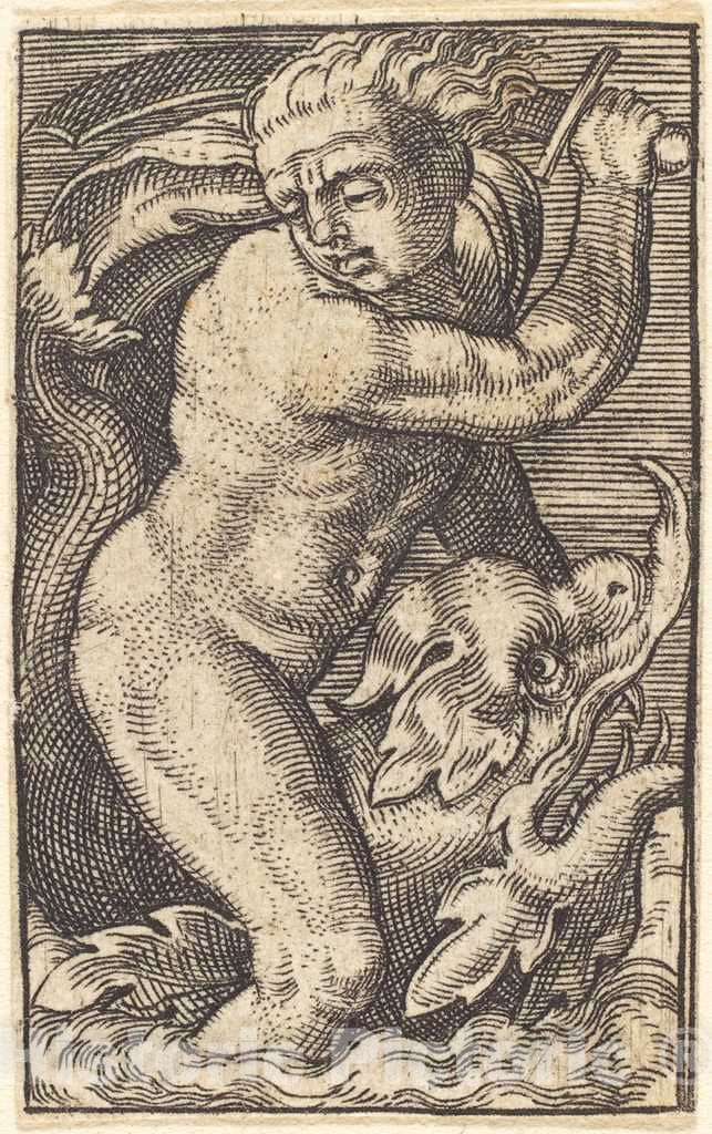 Art Print : Barthel Beham, Copy in Reverse of Sea-God to The Left Riding on a Dolphin - Vintage Wall Art