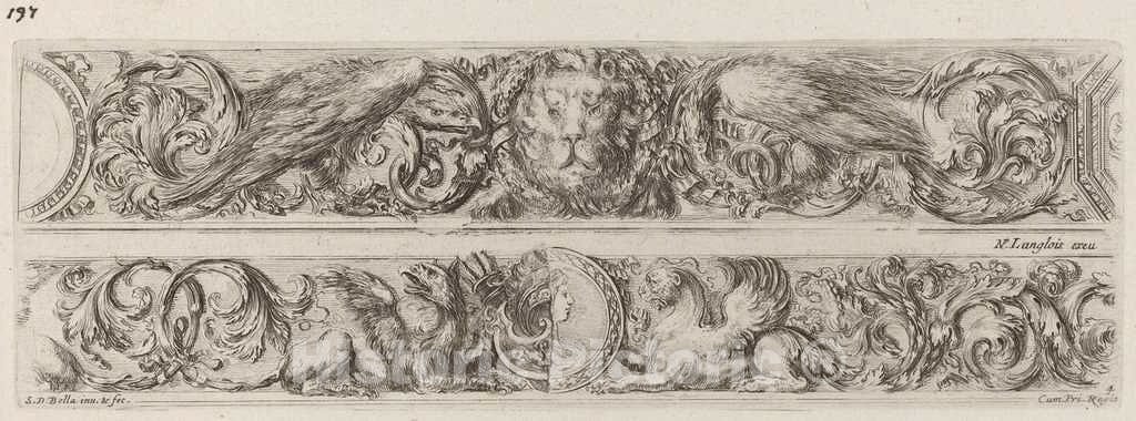Art Print : Stefano Della Bella, Two Ornamental Bands with Head of a Lion and Woman, 1648 - Vintage Wall Art