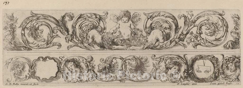 Art Print : Stefano Della Bella, Two Ornamental Bands with Cupid and Heads of The Four Seasons, 1648 - Vintage Wall Art