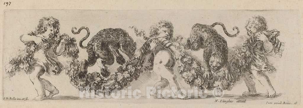 Art Print : Stefano Della Bella, Two Leopards Jumping a Festoon Supported by Children, 1648 - Vintage Wall Art