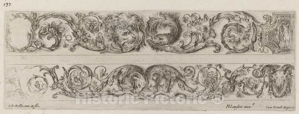 Art Print : Stefano Della Bella, Two Ornamental Bands with Facing Heads of Lion and Eagle, and Two Rams, 1648 - Vintage Wall Art