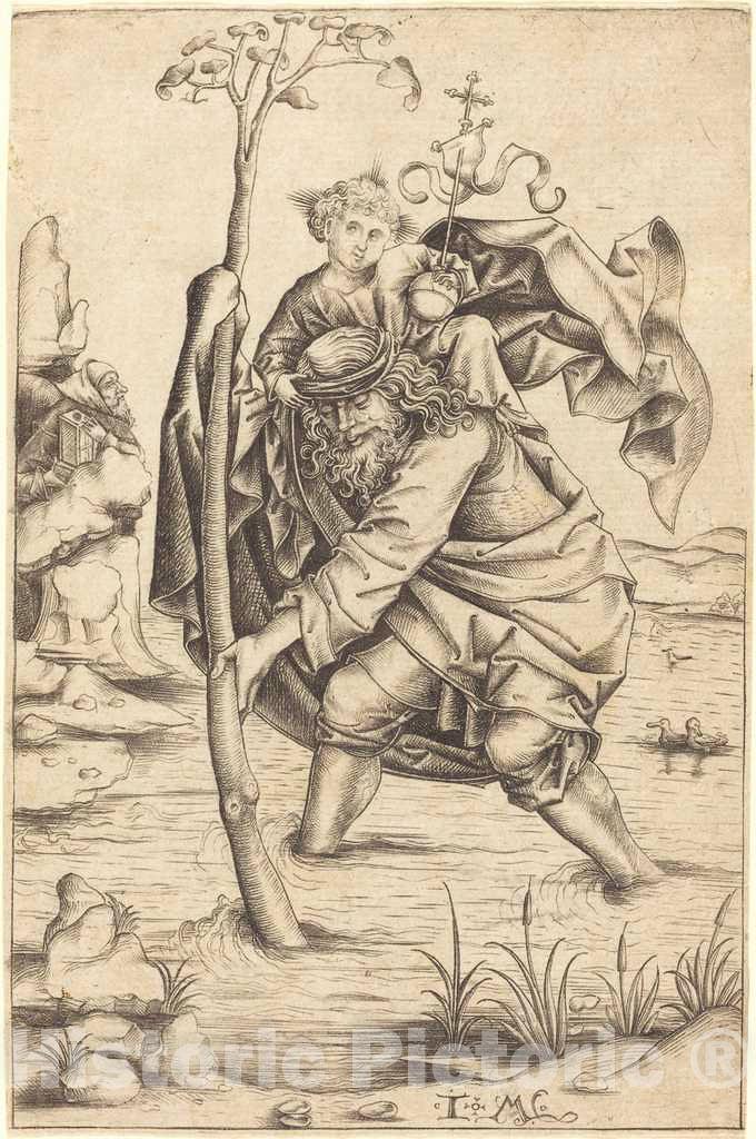 Art Print : Meckenem After Master of The Housebook, Saint Christopher, c.1485 - Vintage Wall Art