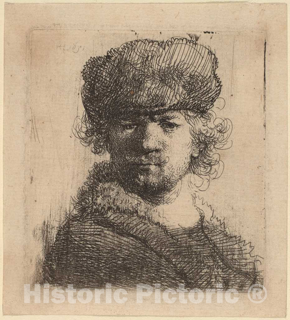 Art Print : Rembrandt, Self-Portrait in a Heavy Fur Cap, 1631 - Vintage Wall Art