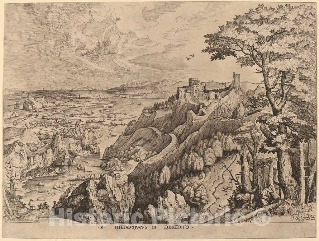 Art Print : Doetechum After Brugel The Elder, S. Hieronymus in Deserto (Saint Jerome in The Desert), c.1556 - Vintage Wall Art