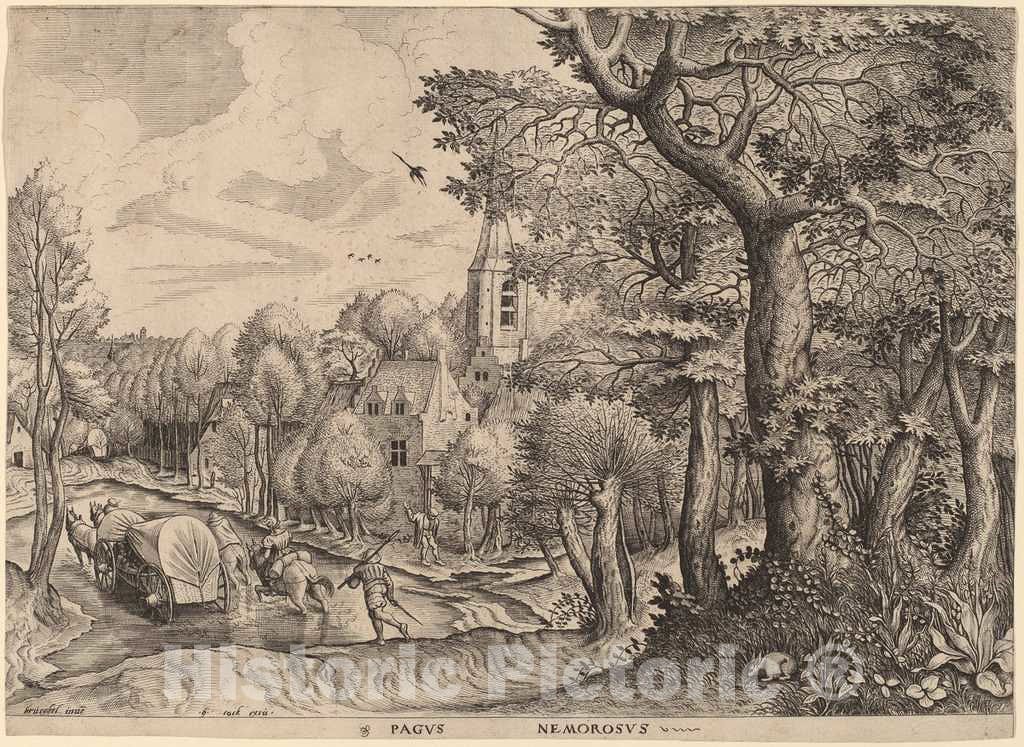 Art Print : Doetechum After Brugel The Elder, Pagus Nemorosus (Wooded Village), c.1556 - Vintage Wall Art