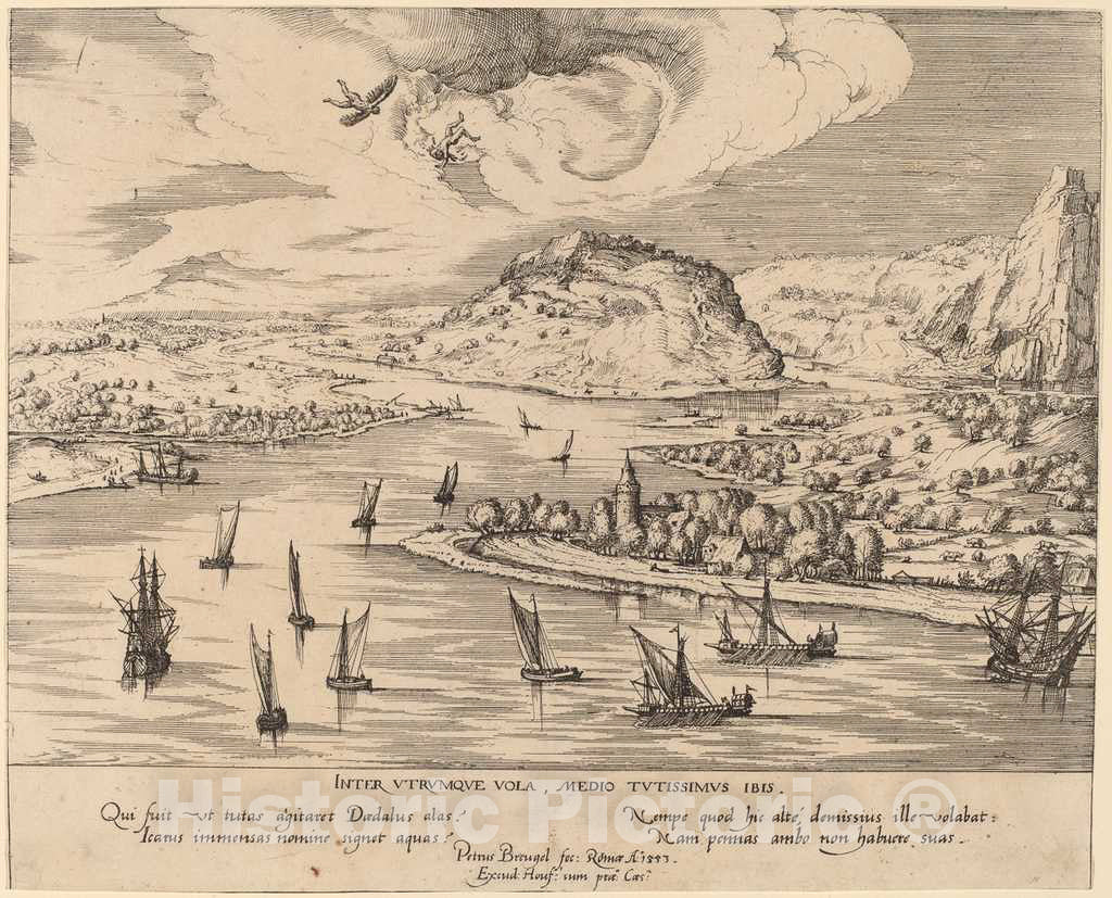 Art Print : Novellanus After Bruegel The Elder, River Landscape with The Fall of Icarus, 1553 - Vintage Wall Art