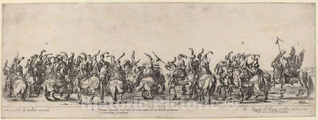 Art Print : Stefano Della Bella, Thirty Archers and Pages, 1633 - Vintage Wall Art