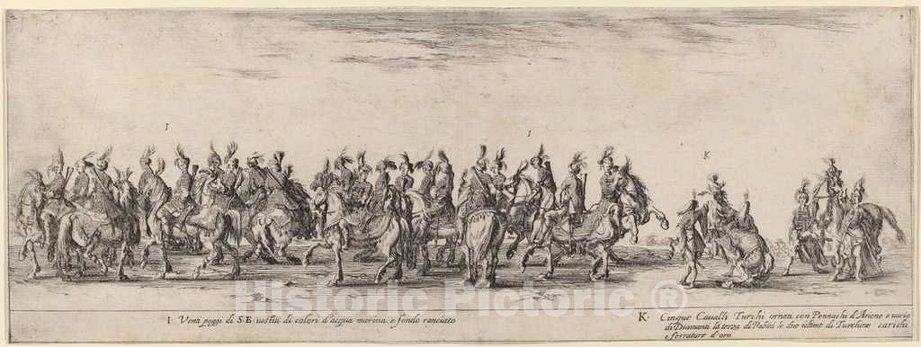 Art Print : Stefano Della Bella, Twenty Pages and Five Turkish Horses, 1633 - Vintage Wall Art