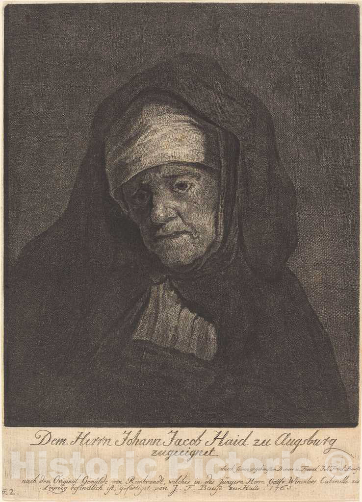 Art Print : Bause After Rembrandt, Head of an Aged Woman, 1765 - Vintage Wall Art