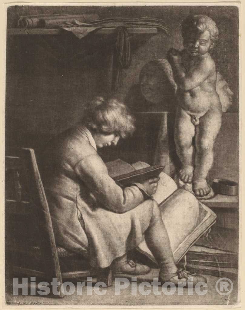 Art Print : Wallerant Vaillant, Young Man with a Statue of Cupid - Vintage Wall Art