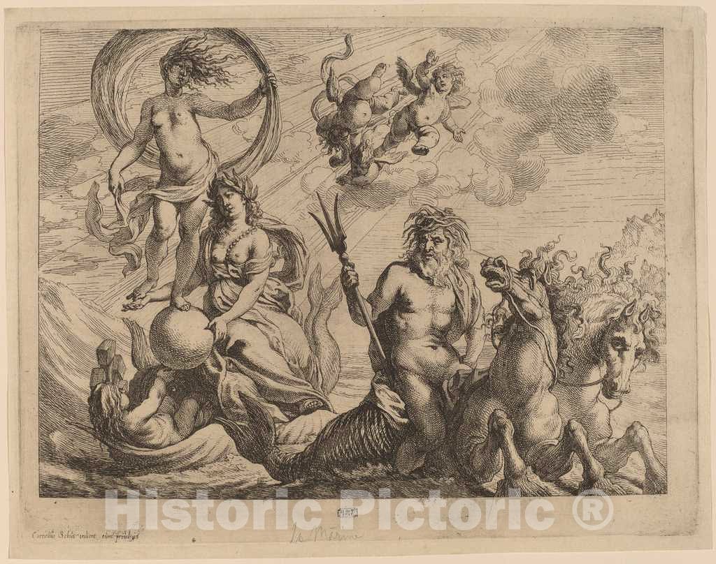 Art Print : Cornelis Schut I, Neptune with Two Horses on The Sea - Vintage Wall Art