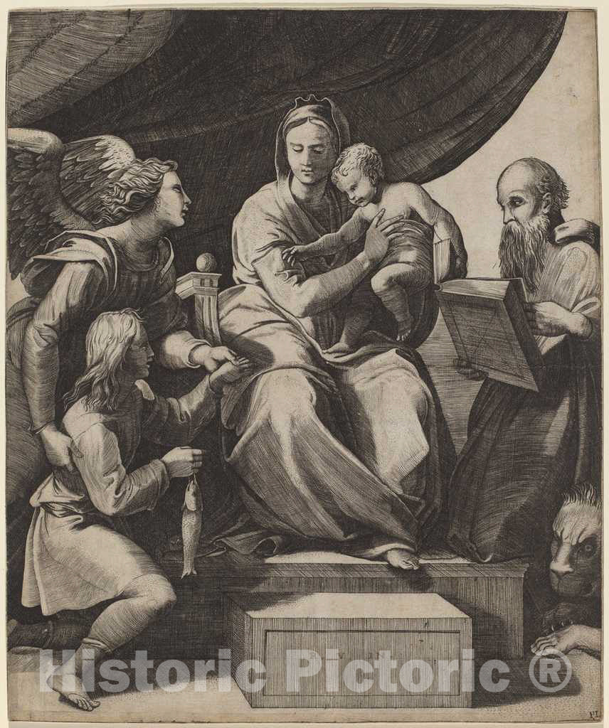 Art Print : Dente After Raphael, The Virgin with a Fish - Vintage Wall Art