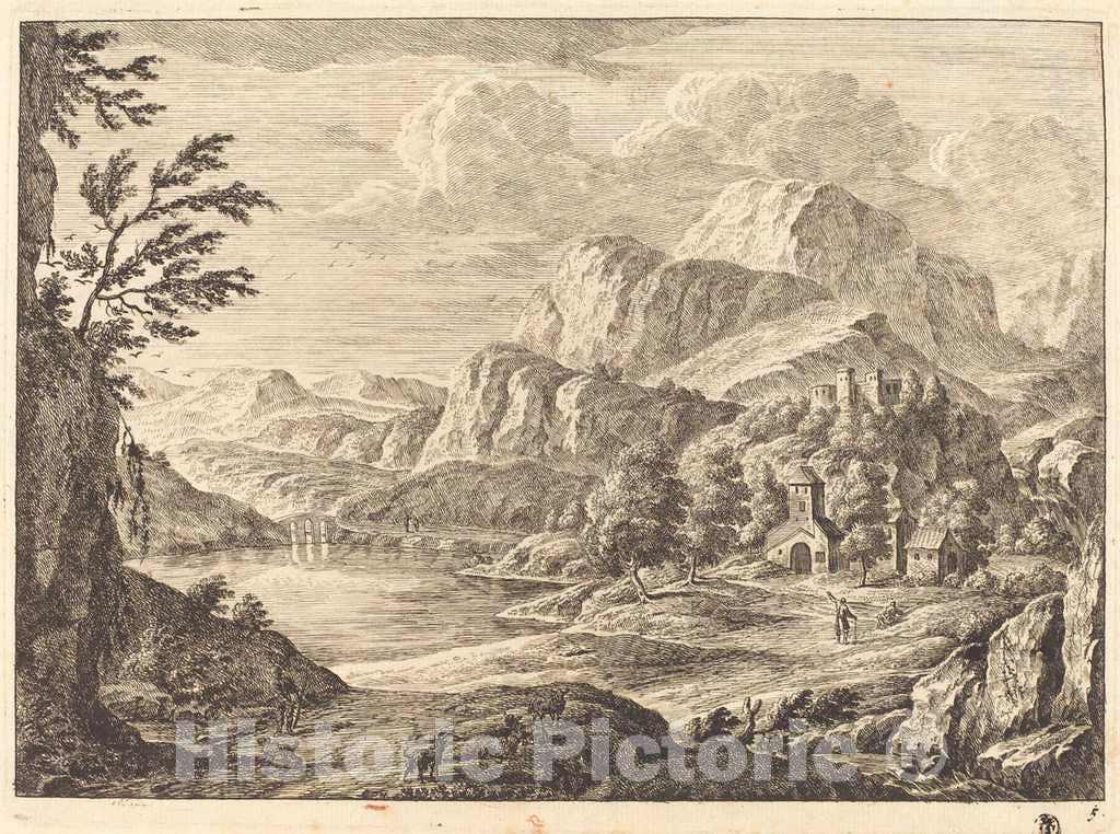 Art Print : Georg Eisenmann, Mountainous Landscape with a Ruined Castle and an Arched Bridge in The Distance - Vintage Wall Art