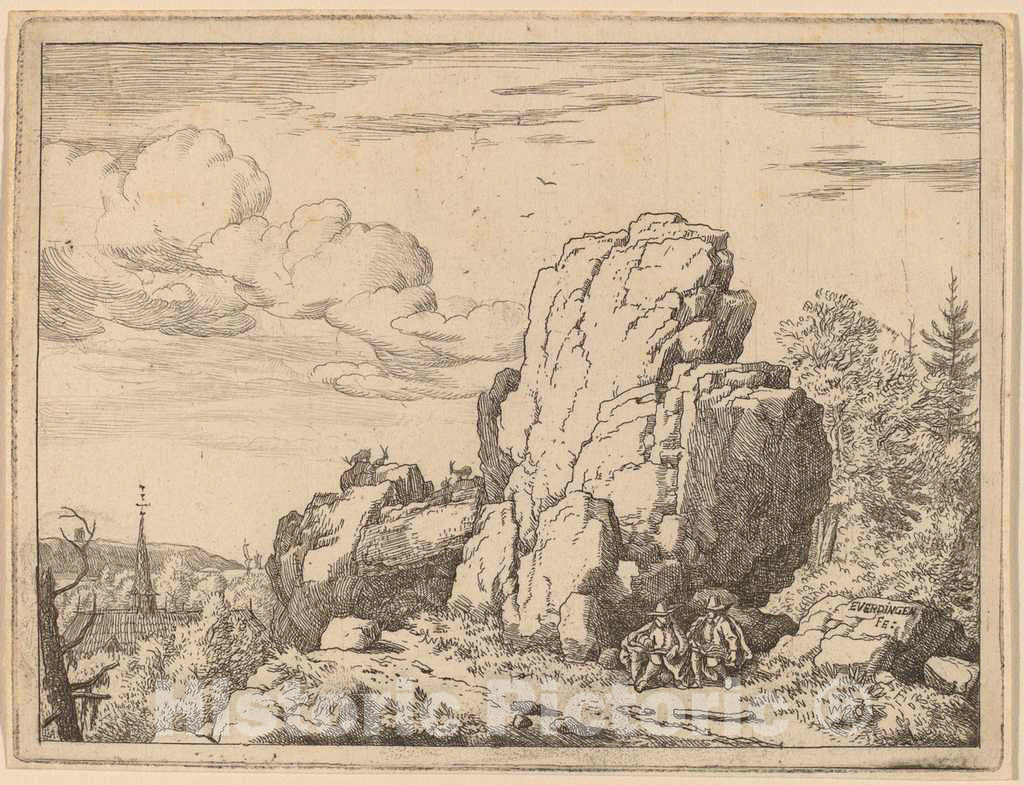 Art Print : Allart Van Everdingen, Two Men Seated at The Foot of a High Rock, c.1651 - Vintage Wall Art
