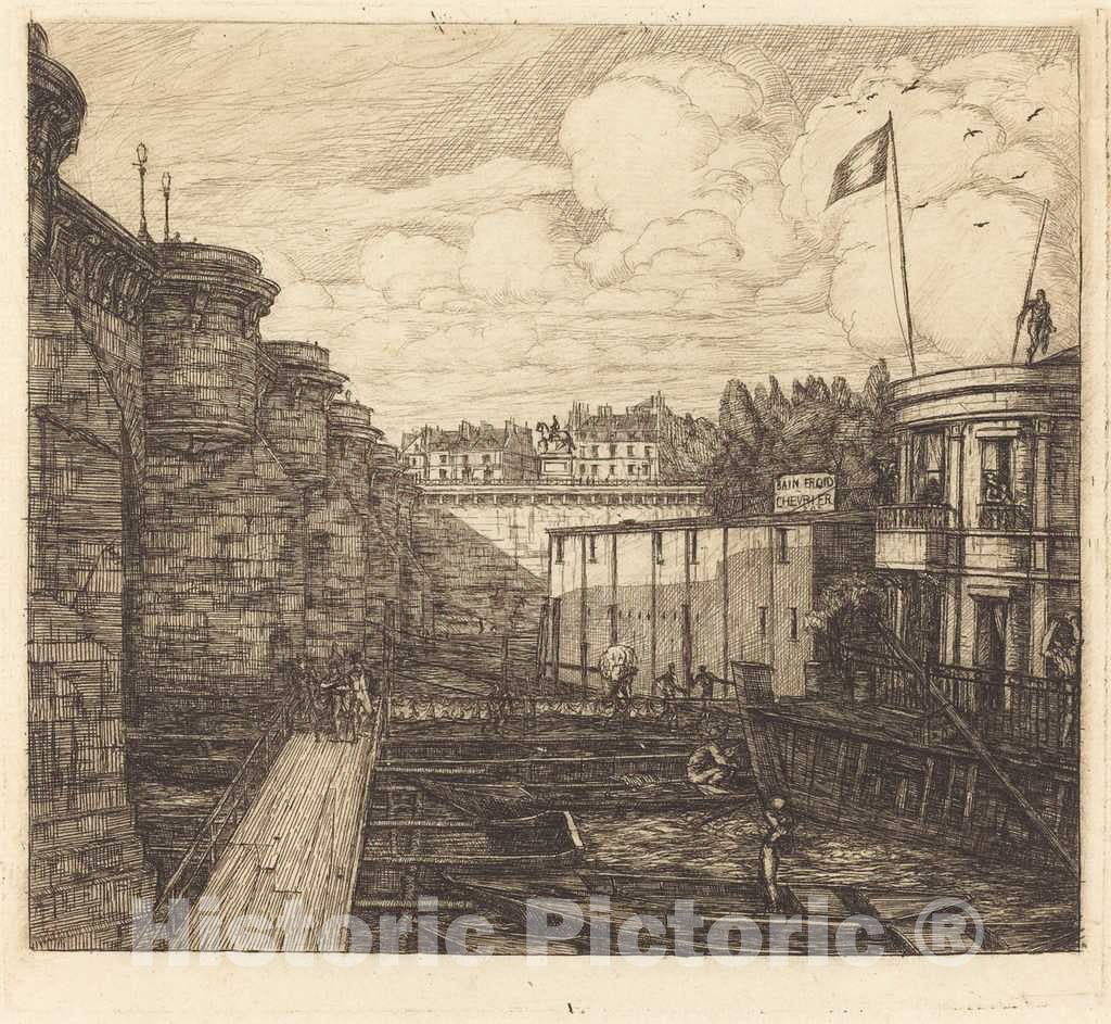 Art Print : Charles Meryon, Bain-Froid chevrier, dit de l'Ã‰cole (Chevrier's Cold-Bath Establishment, Sometimes Called The School-Baths), 1864 - Vintage Wall Art