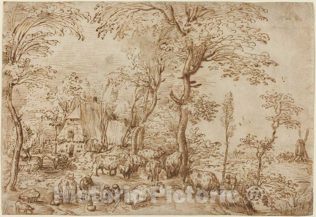 Art Print : Bruegel The Elder, Peasants and Cattle Near a Farmhouse, c.1554 - Vintage Wall Art