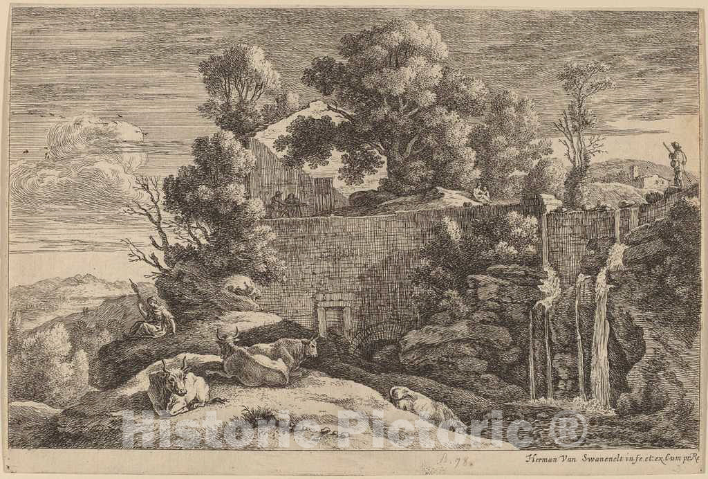 Art Print : Herman Van Swanevelt, The Spinner and Four Cows - Vintage Wall Art