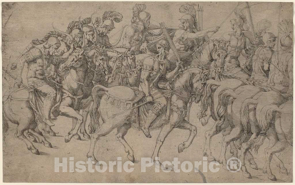 Art Print : Fantuzzi After Giulio Romano, Riders Carrying Bows and Javelins, 1542 - Vintage Wall Art