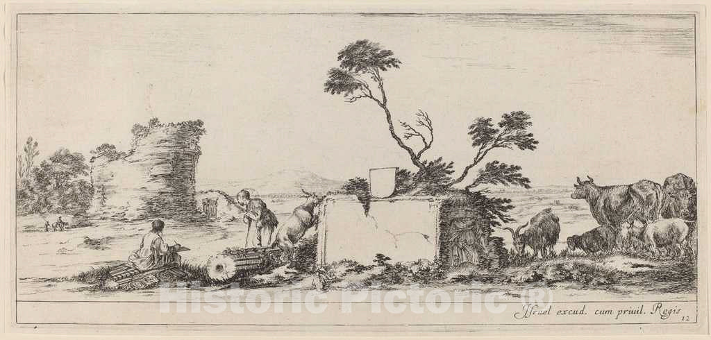 Art Print : Stefano Della Bella, Campagna Scene with Artist Sketching, in or Before 1647 - Vintage Wall Art
