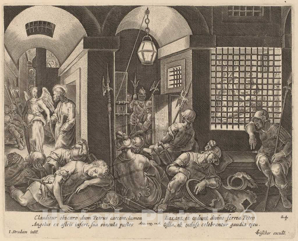 Art Print : Galle After Jan Van der Straet, Saint Peter Delivered from Prison by an Angel - Vintage Wall Art